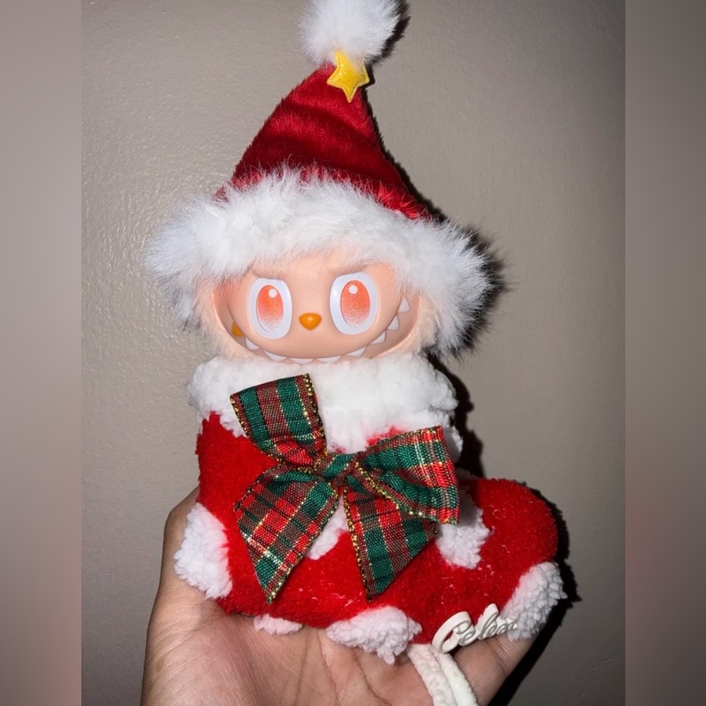 Labubu Holiday outfit- Christmas Stocking outfit with hat and holding strap